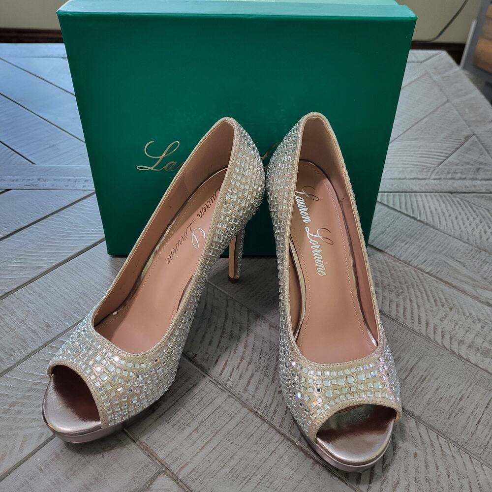 Lauren Lorraine Candie Size 8.5 M Nude Crystal Platform High Heels Peep Toe